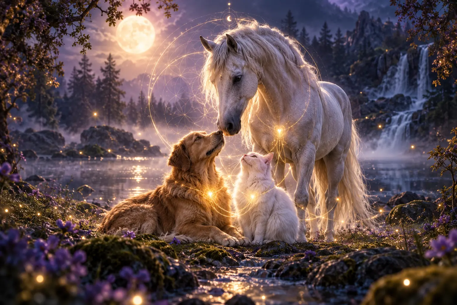 Un caballo blanco, un perro y un gato unidos por delicados hilos de luz dorada en un bosque al anochecer
