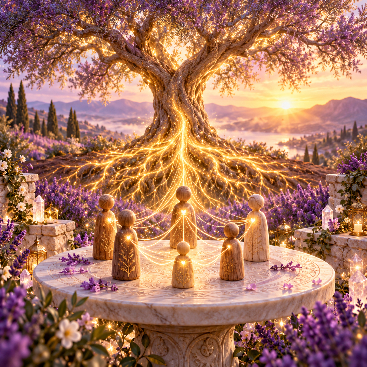 Árbol de raíces luminosas y figuras simbólicas familiares